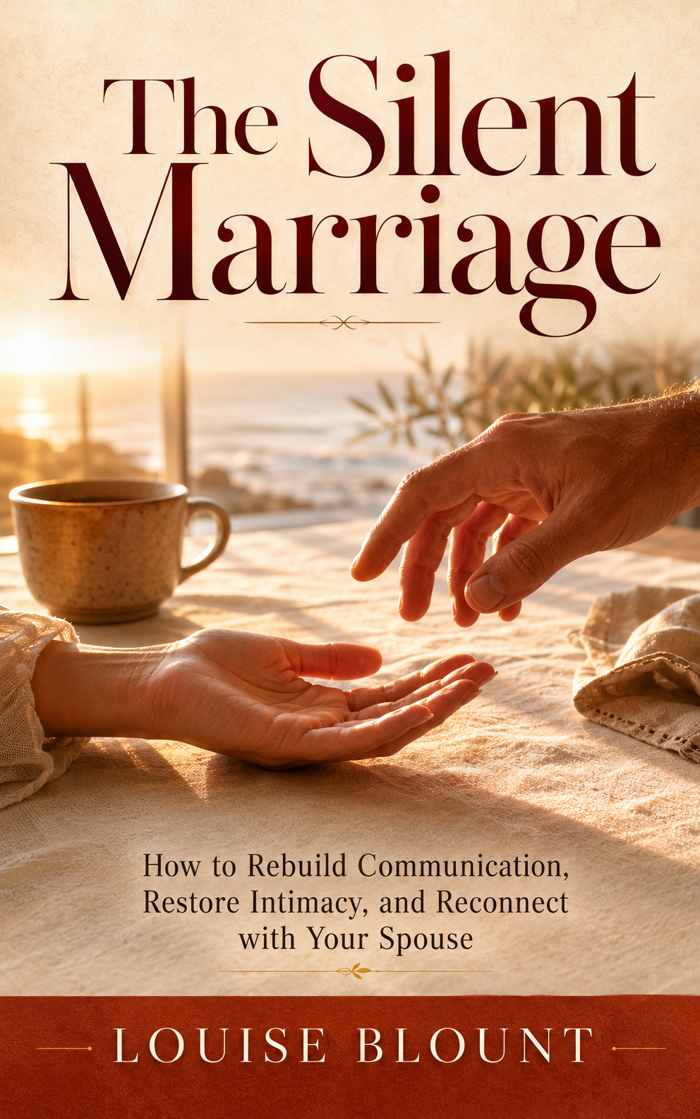 A hand rests open, palm up, on a linen tablecloth as a second hand reaches toward it in warm golden light; title text reads The Silent Marriage.