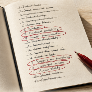 Photorealistic ebook cover featuring an open black notebook on a warm white oak desk. A handwritten list of relationship qualities fills the page, with many items crossed out and several key non-negotiables circled in red ink. A red pen rests on the lower right corner of the notebook. Large serif title at the top reads “Your Relationship Deal Breakers,” with the subtitle “How to Identify, Communicate, and Honor Your Non-Negotiables in Love” below the image and the author name “Louise Blount” displayed in an ivory typeface on a charcoal ribbon at the bottom.