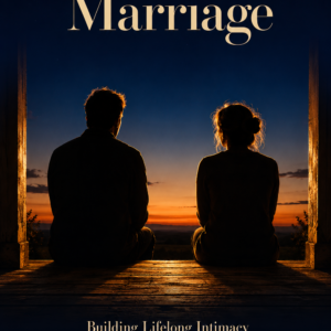 Two silhouettes sit side by side on a porch step at dusk beneath a deep indigo sky with a thin amber horizon; warm backlight rims their figures. Title text reads The Truthful Marriage.