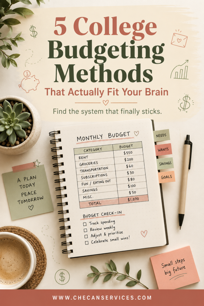 Pinterest pin showing a flat-lay notebook and budgeting supplies with text overlay reading "5 College Budgeting Methods That Actually Fit Your Brain" and website www.checanservices.com at the bottom.