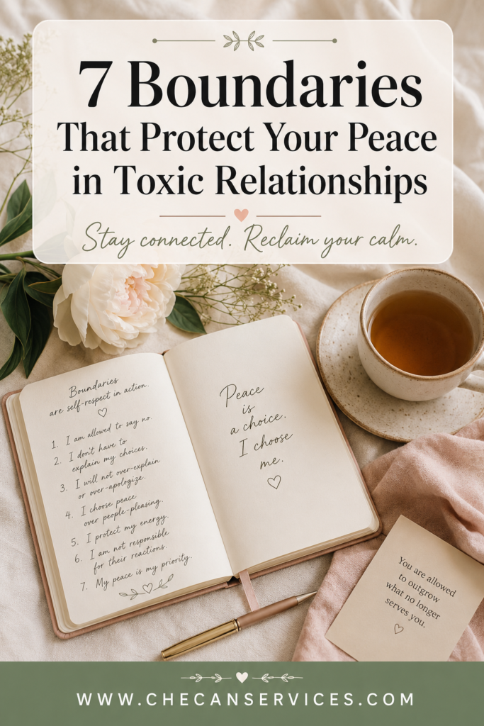 Pinterest pin with a calm flat lay of a journal, tea, and flowers on a cream background. Bold text reads: "7 Boundaries That Protect Your Peace in Toxic Relationships." Website checanservices.com shown at bottom.