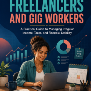 Ebook cover for “Budgeting for Freelancers and Gig Workers” featuring a freelancer working on a laptop surrounded by budgeting charts, an invoice, a calendar, and financial-planning materials.