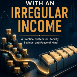 Cover of Budgeting with an Irregular Income by Louise Blount, featuring gold coins, organized financial folders, and a glowing path on a dark navy background.