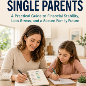 White single mother reviewing a monthly budget at a kitchen table while her daughter draws beside her, featured on the cover of Budgeting for Single Parents by Louise Blount.
