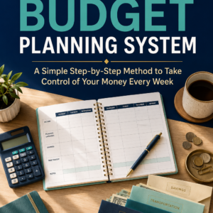 Cover of Weekly Budget Planning System by Louise Blount, featuring a weekly planner, calculator, cash envelopes, coins, pen, and coffee on an organized desk.