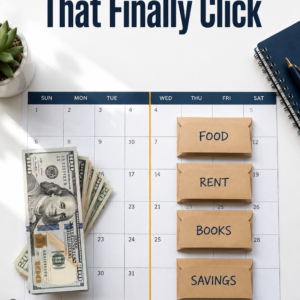 Overhead flat-lay of a desk with a calendar divided by a bold line, a stack of bills on one side and labeled expense envelopes on the other, with the book title in navy text across the top.
