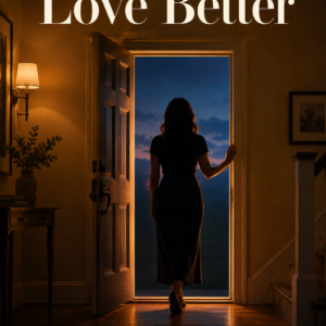 A woman's silhouette pauses in a half-open front door at dusk, warm amber lamp glow behind her, soft blue twilight ahead; title text reads Date Longer, Love Better.