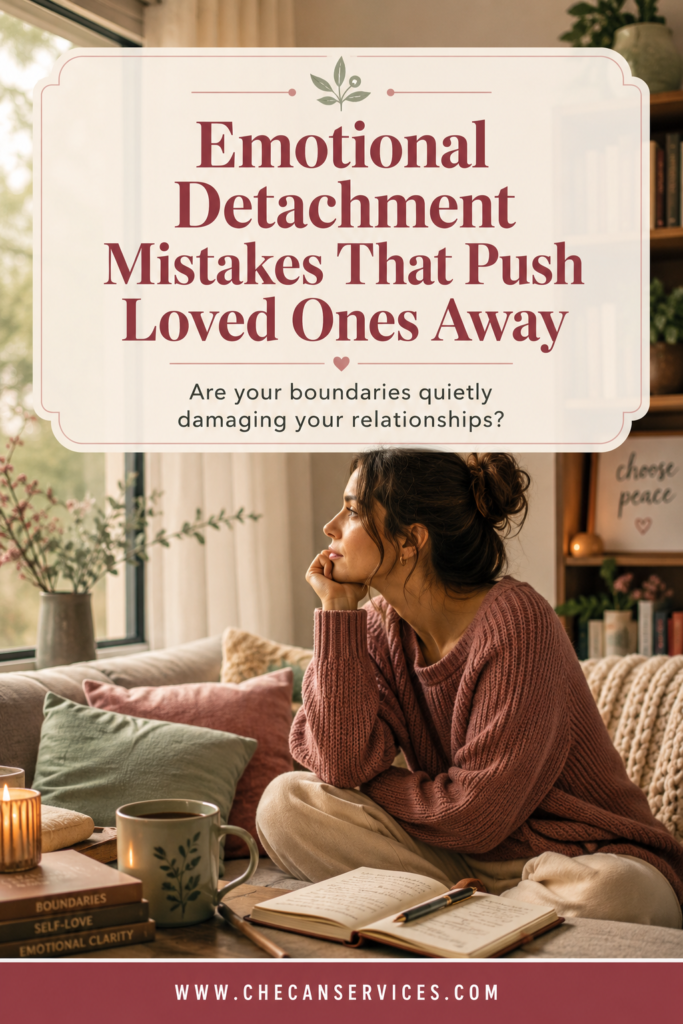 Pinterest pin with a warm living room background and a woman near a window. Text overlay reads: "Emotional Detachment Mistakes That Push Loved Ones Away." Website URL www.checanservices.com shown in footer.