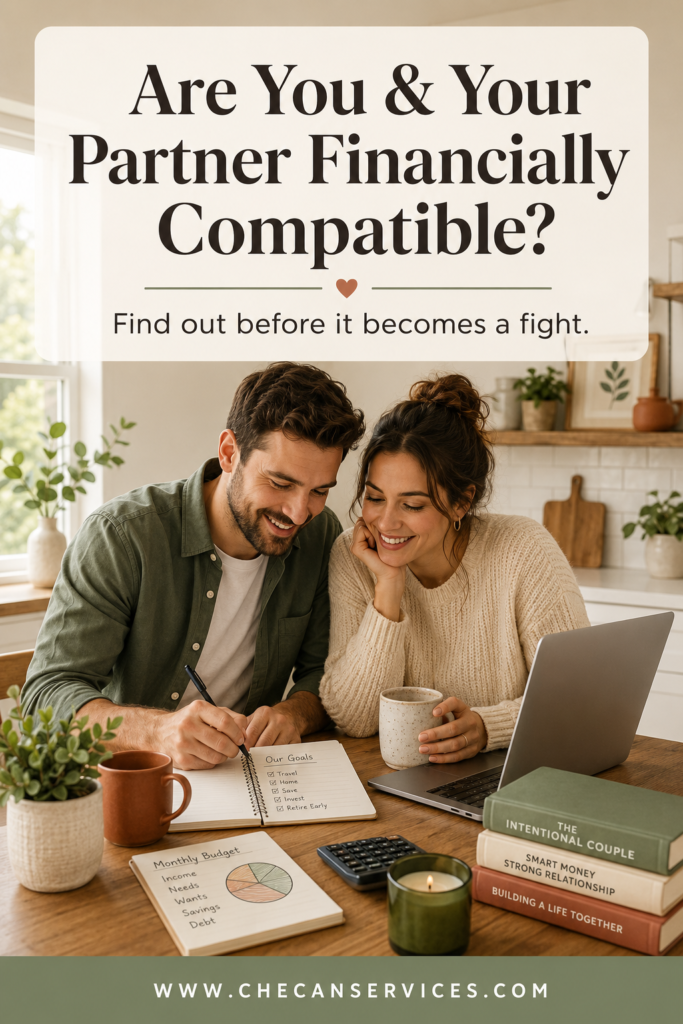 Pinterest pin showing a couple smiling together at a kitchen table with a notebook, with text overlay reading "Are You & Your Partner Financially Compatible?" and the website www.checanservices.com in the footer.