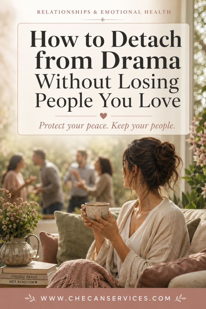 Pinterest pin showing a calm woman relaxing with tea, with text overlay reading "How to Detach from Drama Without Losing People You Love" and the website URL www.checanservices.com at the bottom.