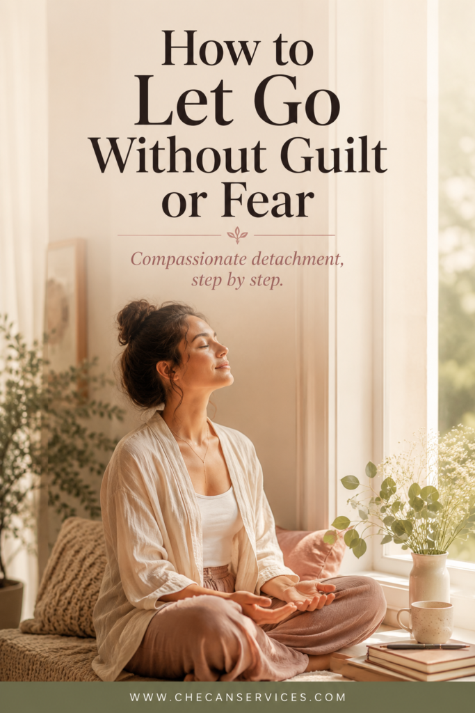 Pinterest pin showing a calm woman sitting near a sunlit window with open hands, overlaid with the text "How to Let Go Without Guilt or Fear" and the website URL www.checanservices.com at the bottom.