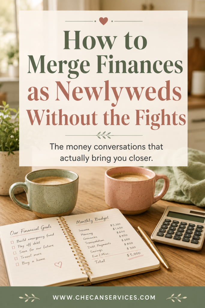 Pinterest pin showing a cozy table with coffee mugs and a notebook, with text overlay reading "How to Merge Finances as Newlyweds Without the Fights" and the website URL www.checanservices.com at the bottom.