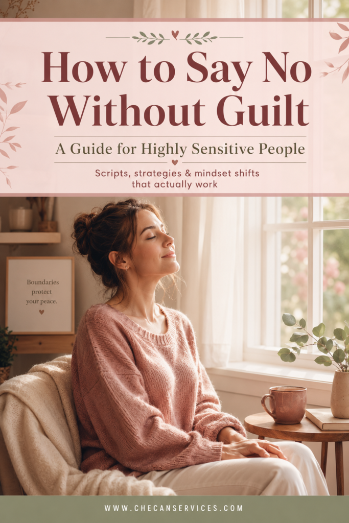 Pinterest pin showing a woman sitting calmly by a window with text overlay reading "How to Say No Without Guilt – A Guide for Highly Sensitive People" and website URL www.checanservices.com at the bottom.