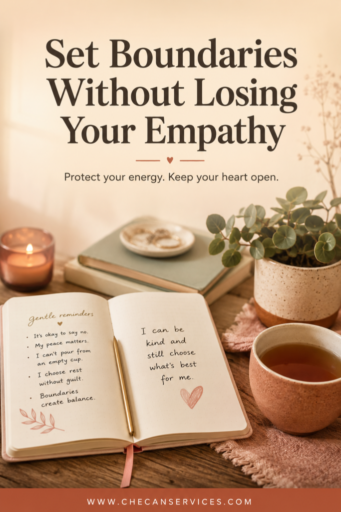 Pinterest pin with a cozy journal and tea scene in warm earthy tones. Text overlay reads: "Set Boundaries Without Losing Your Empathy – Protect your energy. Keep your heart open." Website URL at bottom.