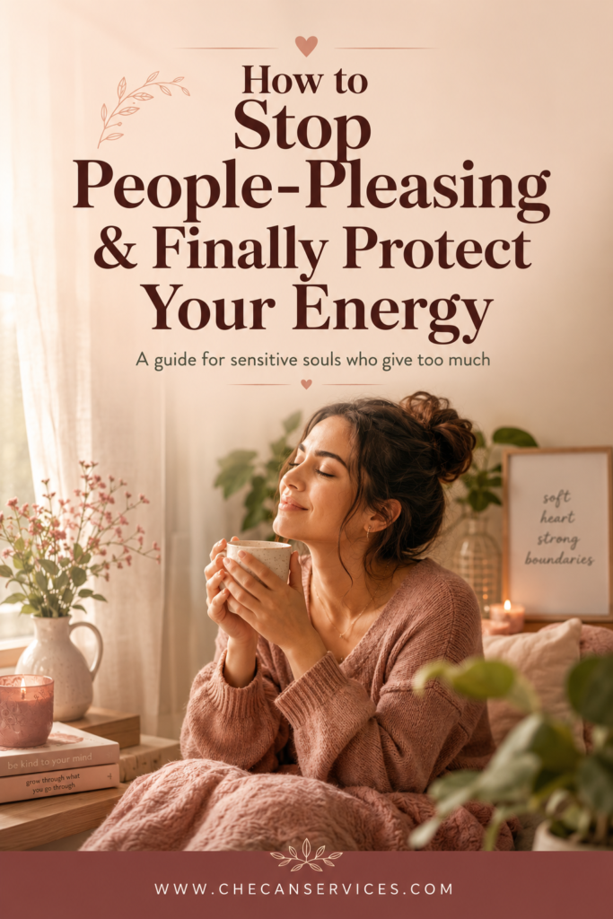 Pinterest pin showing a woman resting peacefully by a sunlit window with text overlay reading "How to Stop People-Pleasing & Finally Protect Your Energy" and website URL www.checanservices.com at the bottom.