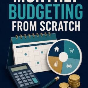 Ebook cover for Monthly Budgeting from Scratch by Louise Blount, featuring a calendar, calculator, budget chart, pencil, and coins.