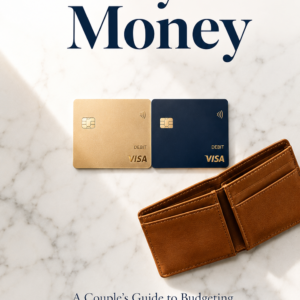 Overhead flat-lay of two cards side by side next to an open leather wallet on white marble, titled Newlywed Money.