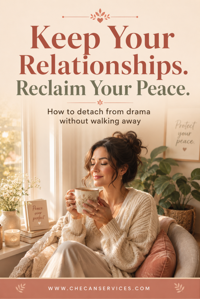 Pinterest pin showing a calm woman in a sunlit room with the text overlay "Keep Your Relationships. Reclaim Your Peace." and the website www.checanservices.com in the footer.