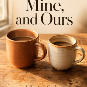 Two mismatched ceramic mugs sit side by side on a worn wood table in warm morning light; title text reads Yours, Mine, and Ours.