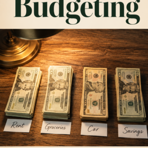 Cash fanned on a wood desk with handwritten labels reading Rent, Groceries, Car, Savings under warm lamp light; title text overlaid at top.