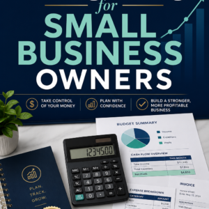 Budgeting for Small Business Owners ebook cover by Louise Blount featuring a calculator, budget charts, invoices, expense documents, and an upward growth graph.