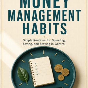 Cover of Daily Money Management Habits by Louise Blount, featuring a notebook, coins, leaf, and fountain pen arranged on a circular teal tray.