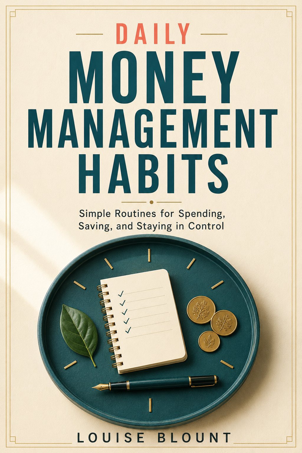 Cover of Daily Money Management Habits by Louise Blount, featuring a notebook, coins, leaf, and fountain pen arranged on a circular teal tray.