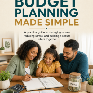 Ebook cover for Family Budget Planning Made Simple by Louise Blount, featuring a family reviewing household finances together in a warm, modern setting.