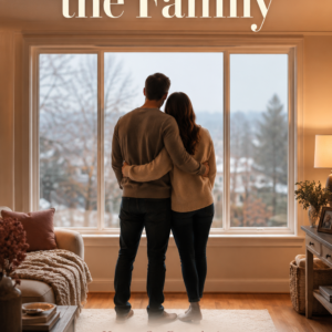A couple seen from behind, shoulders touching, stands at a sunlit living room window; bold title text appears above in the warm ivory space.