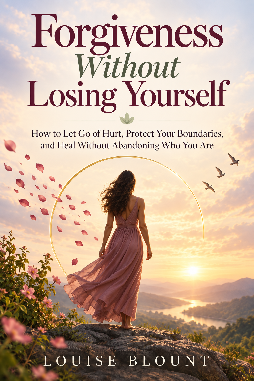 Book cover of Forgiveness Without Losing Yourself by Louise Blount, showing a woman overlooking a peaceful sunrise landscape, symbolizing healing, freedom, boundaries, and emotional growth.