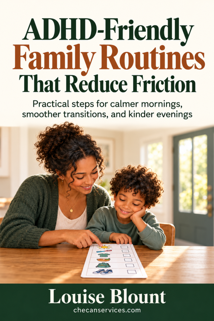 ADHD-Friendly Family Routines That Reduce Friction by Louise Blount; a parent and child review a morning checklist together.