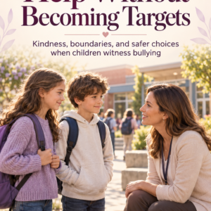 Cover of Teaching Kids to Help Without Becoming Targets by Louise Blount, showing two schoolchildren talking with a supportive teacher.