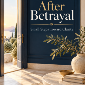 Cover of Trust After Betrayal: Small Steps Toward Clarity by Louise Blount, featuring a sunlit doorway and an olive branch against a navy wall.