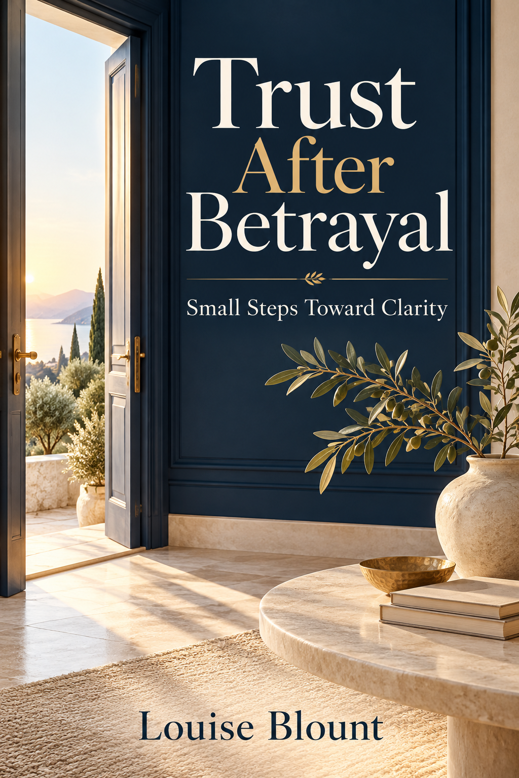 Cover of Trust After Betrayal: Small Steps Toward Clarity by Louise Blount, featuring a sunlit doorway and an olive branch against a navy wall.