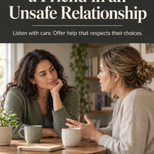 Cover of How to Support a Friend in an Unsafe Relationship by Louise Blount, showing two women talking at a table, one listening attentively, beneath ivory lettering on charcoal.