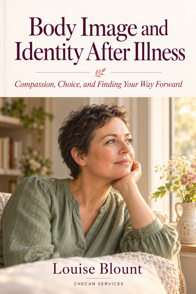 Cover of Body Image and Identity After Illness by Louise Blount, showing a woman in a sage blouse looking thoughtfully toward a sunlit window.