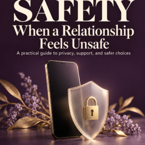 Cover of Digital Safety When a Relationship Feels Unsafe by Louise Blount, featuring a smartphone and glass shield with a gold padlock on a plum background.