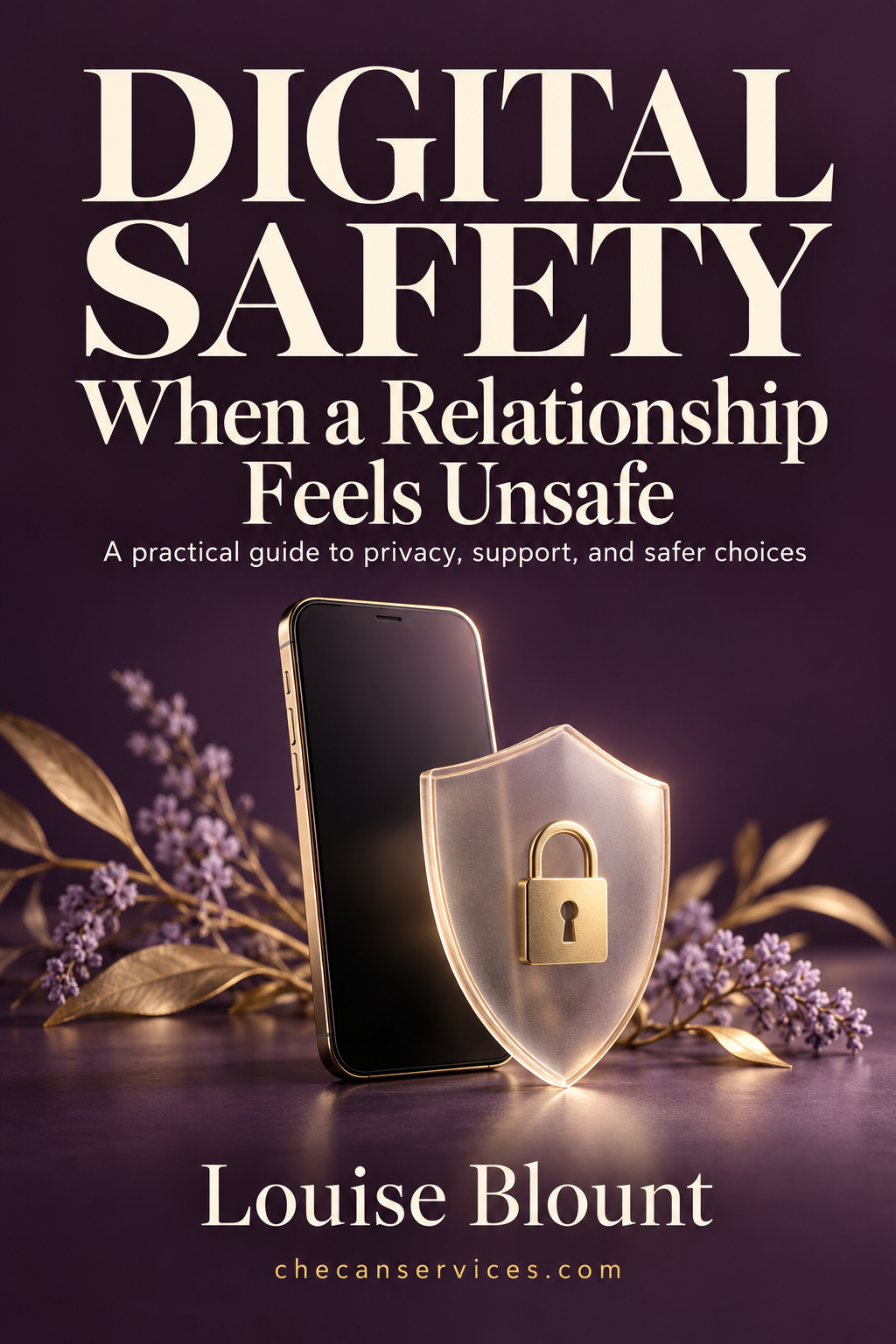 Cover of Digital Safety When a Relationship Feels Unsafe by Louise Blount, featuring a smartphone and glass shield with a gold padlock on a plum background.