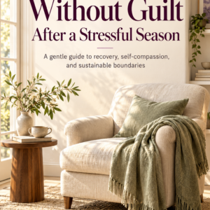 Cover of Rest Without Guilt After a Stressful Season by Louise Blount, featuring a cream armchair and sage throw beside a sunlit window.