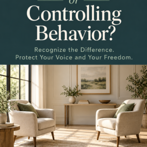 Cover of Healthy Conflict or Controlling Behavior? by Louise Blount, featuring two chairs facing each other in a sunlit room beneath ivory text on deep teal.