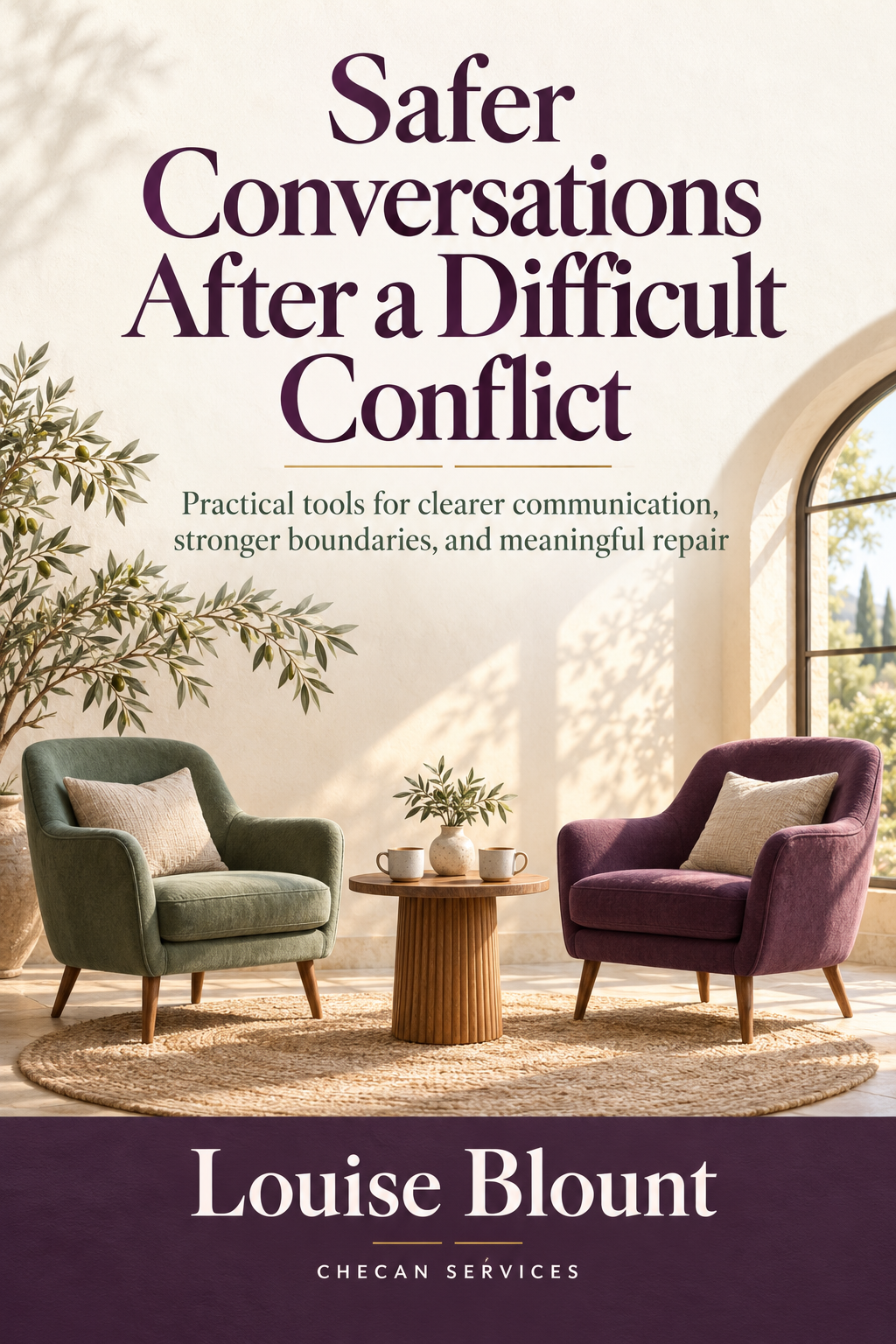 Cover of Safer Conversations After a Difficult Conflict by Louise Blount, showing two armchairs and a table in a sunlit room.
